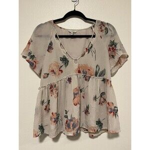 Lucky Brand Floral Peplum Top Babydoll V Neck Crinkle Size Small